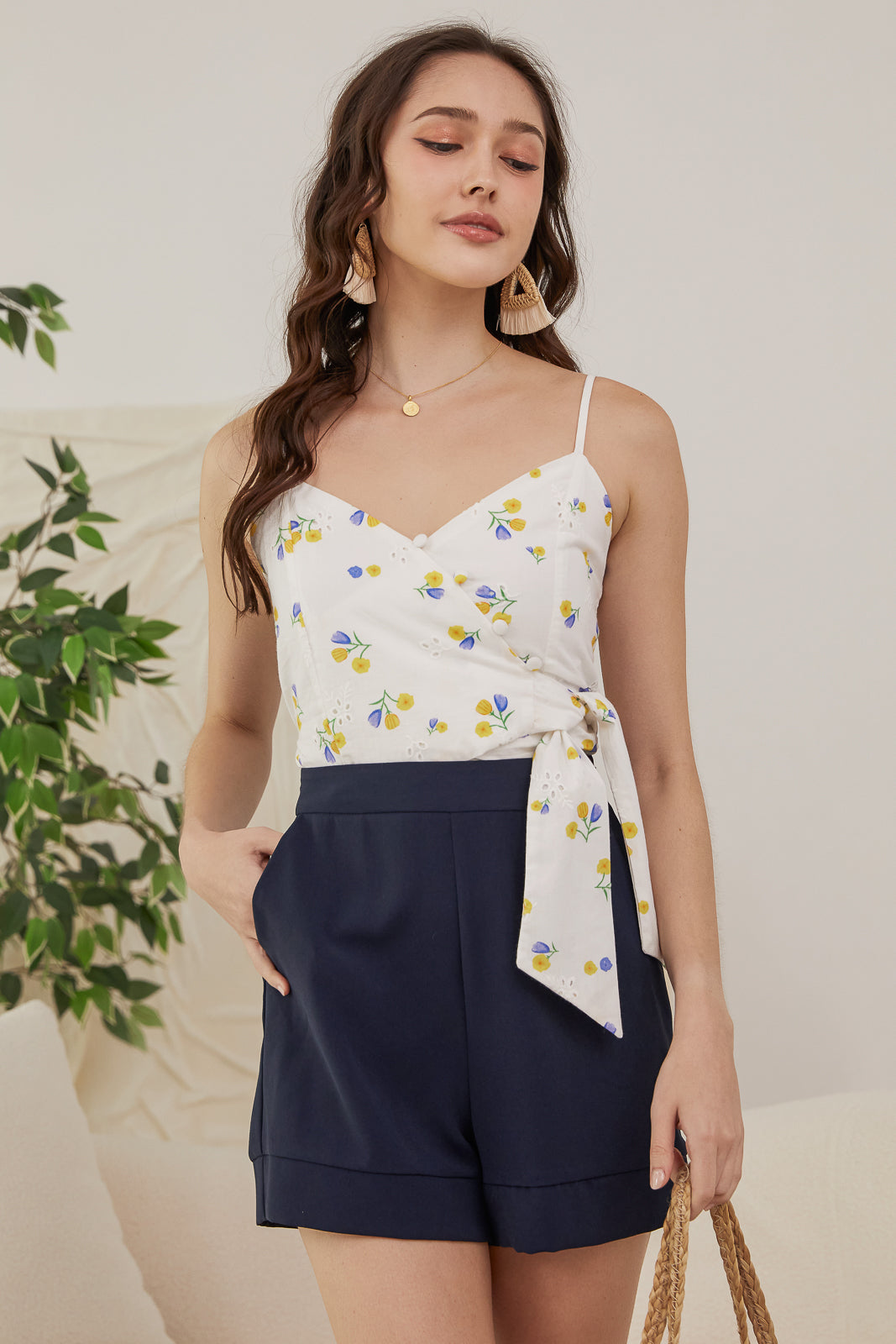 Eyelet Spag Sweetheart Wrap Top in Florals