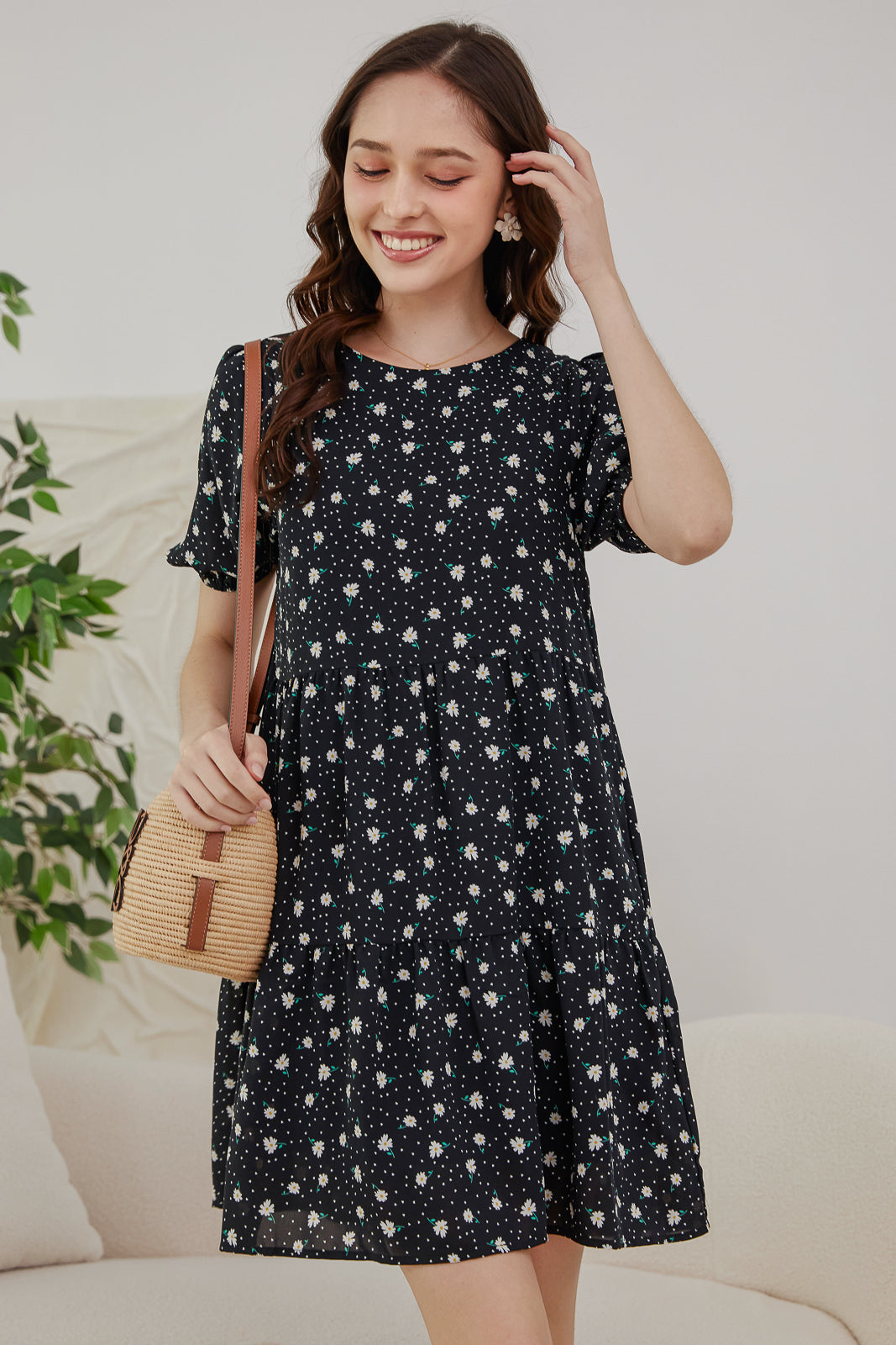 Flowery Babydoll Dress in Black