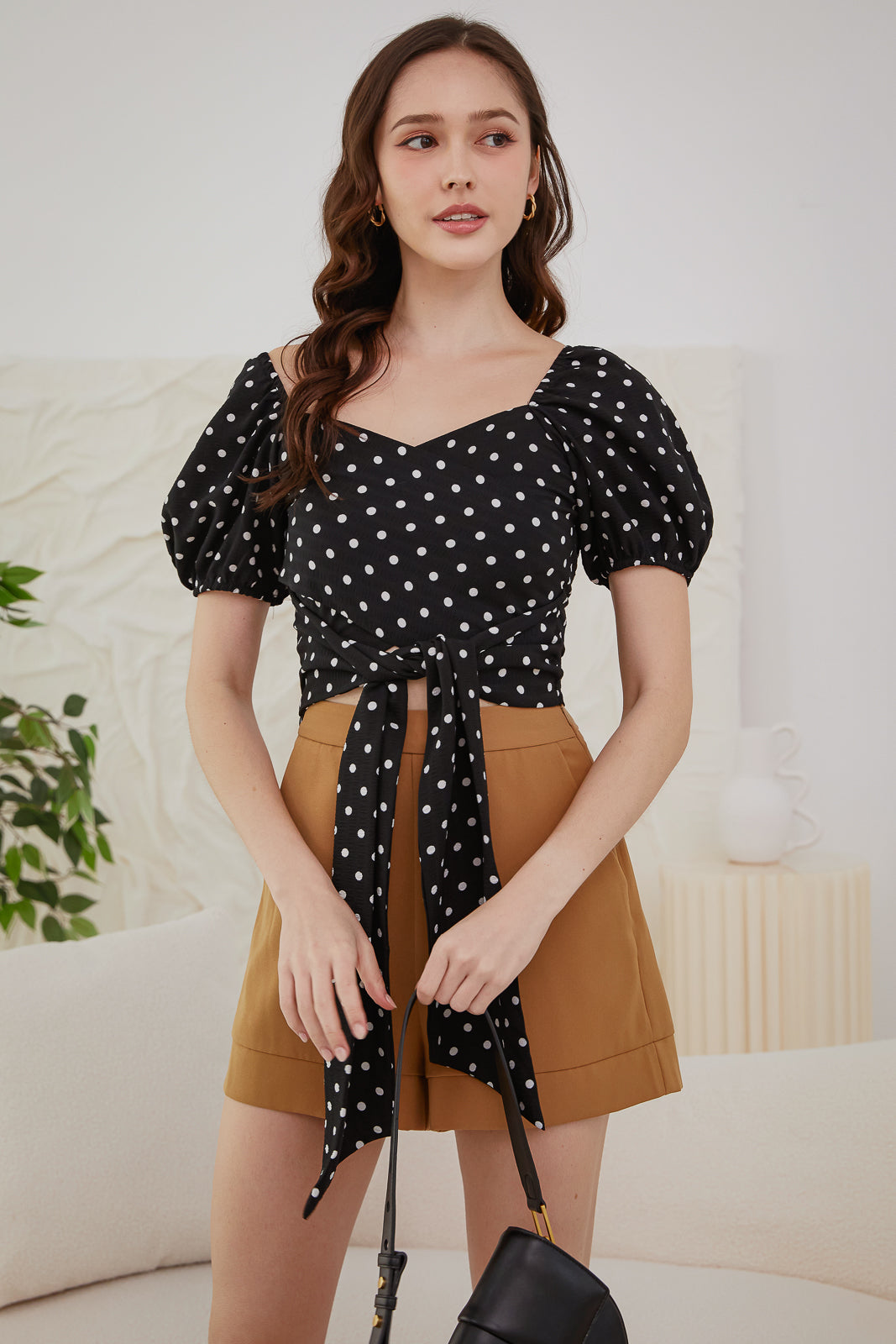 Ingrid Puff Sleeves Wrap Top in Black Polkadots