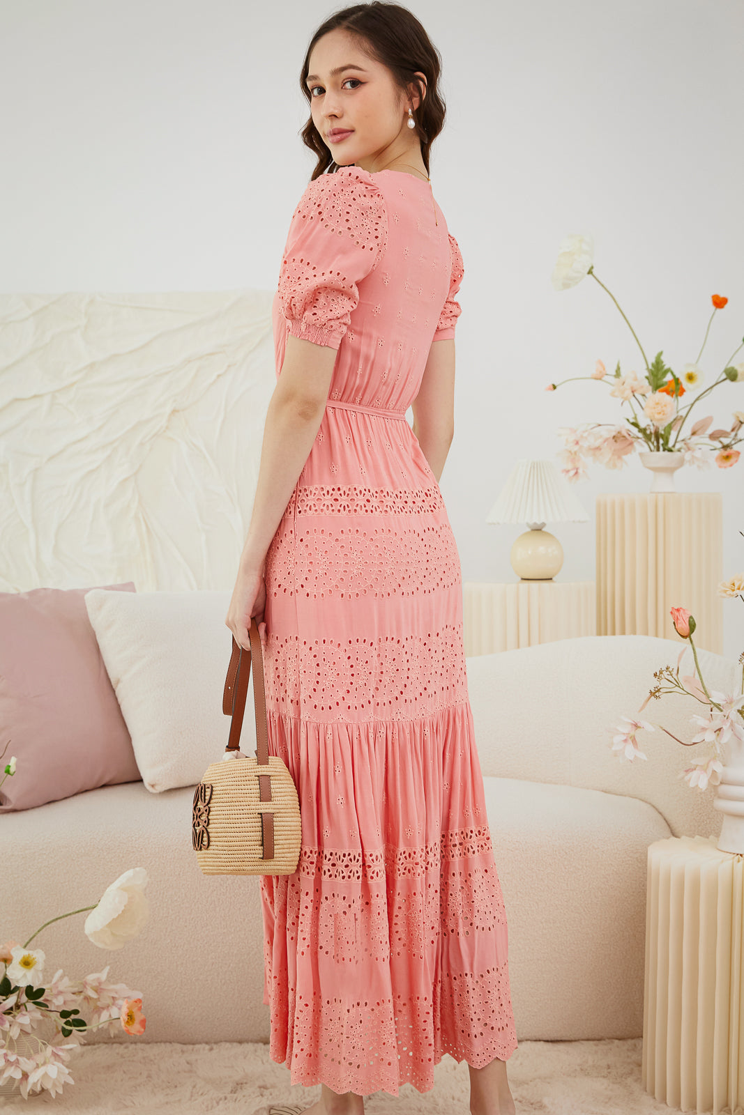 Restocked* Laura Eyelet Embroidery Maxi in Coral