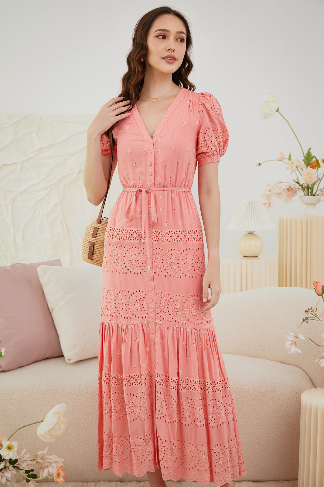 Restocked* Laura Eyelet Embroidery Maxi in Coral