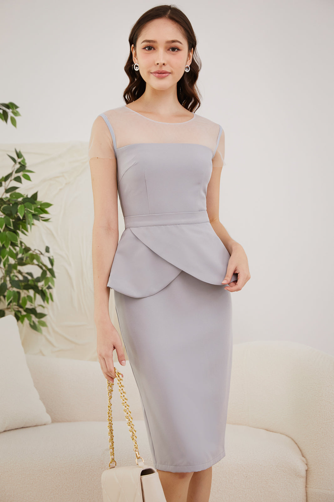 Detachable Peplum Mesh Dress in Grey