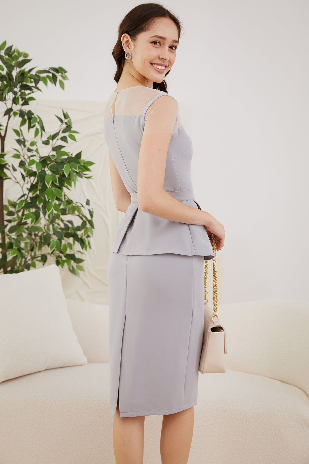 Detachable Peplum Mesh Dress in Grey