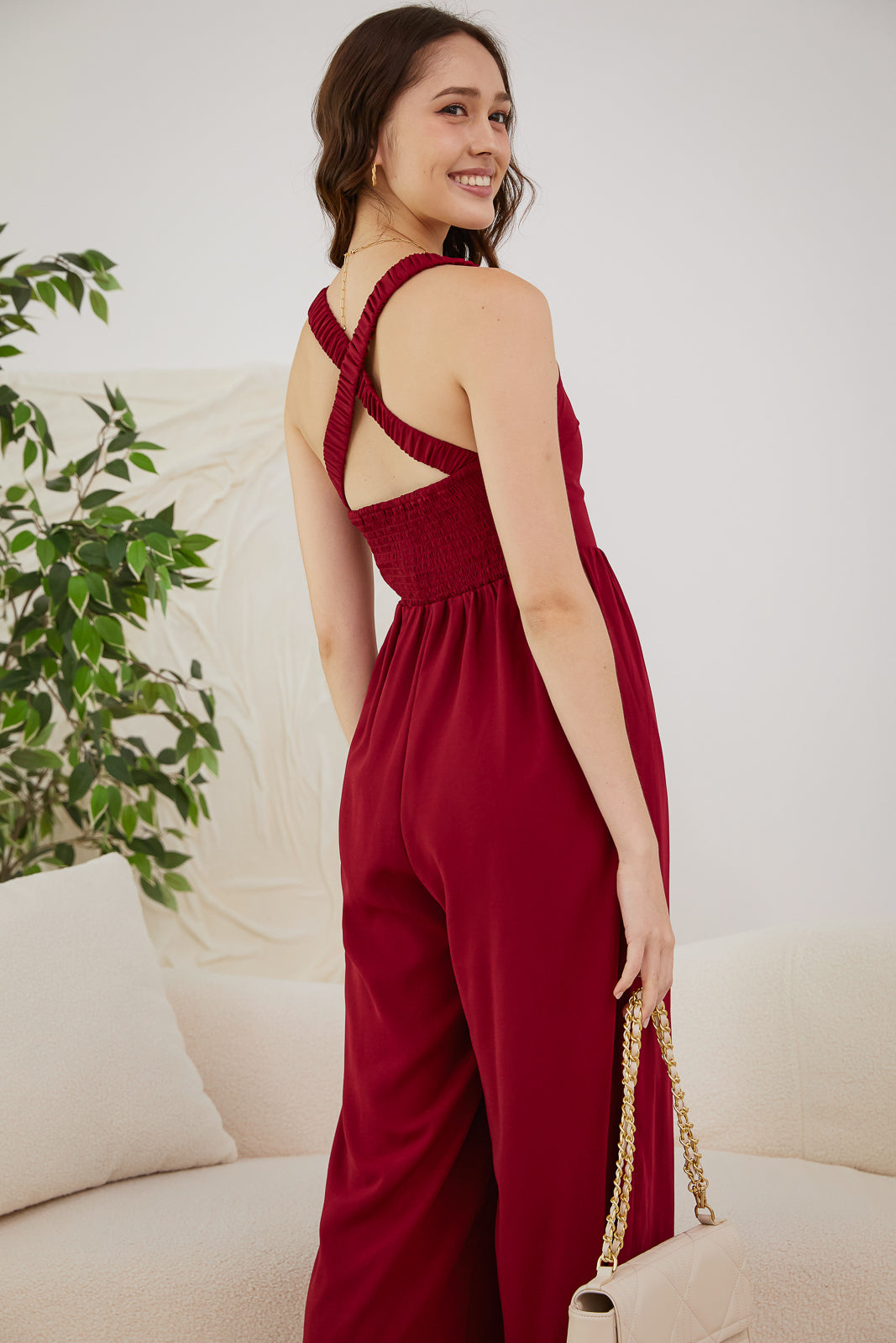 Ruched Straps Padded Jumpsuit in Wine