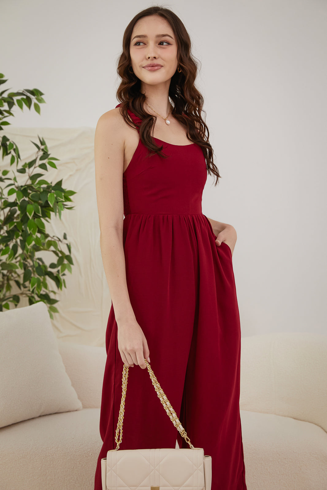 Ruched Straps Padded Jumpsuit in Wine