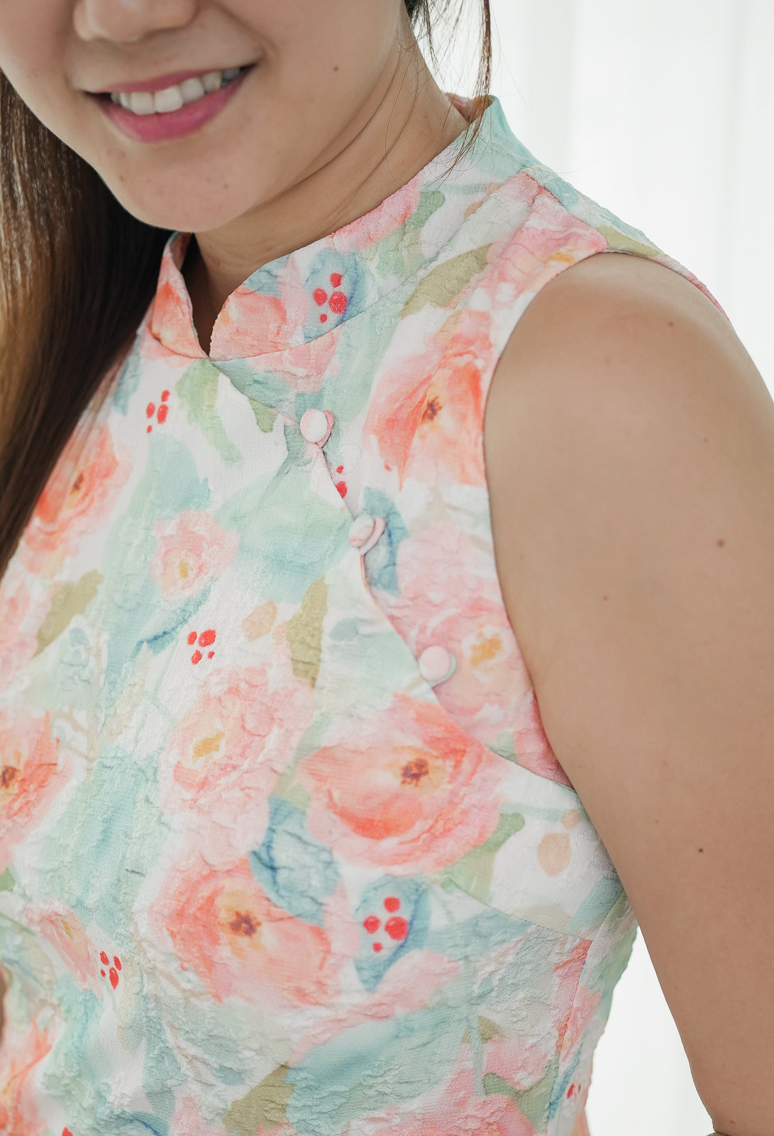 Floral Embossed Cheongsam in Peach