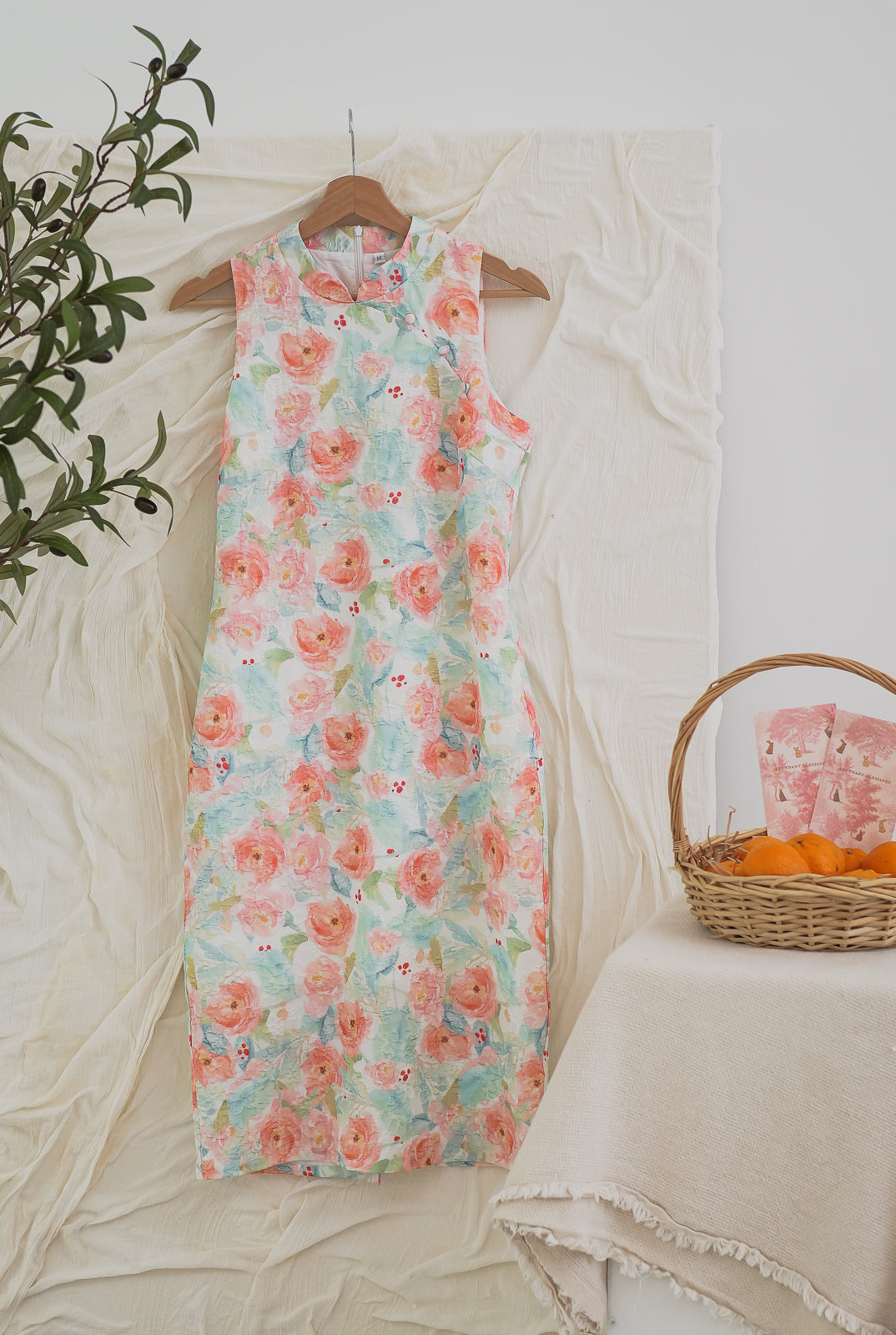 Floral Embossed Cheongsam in Peach