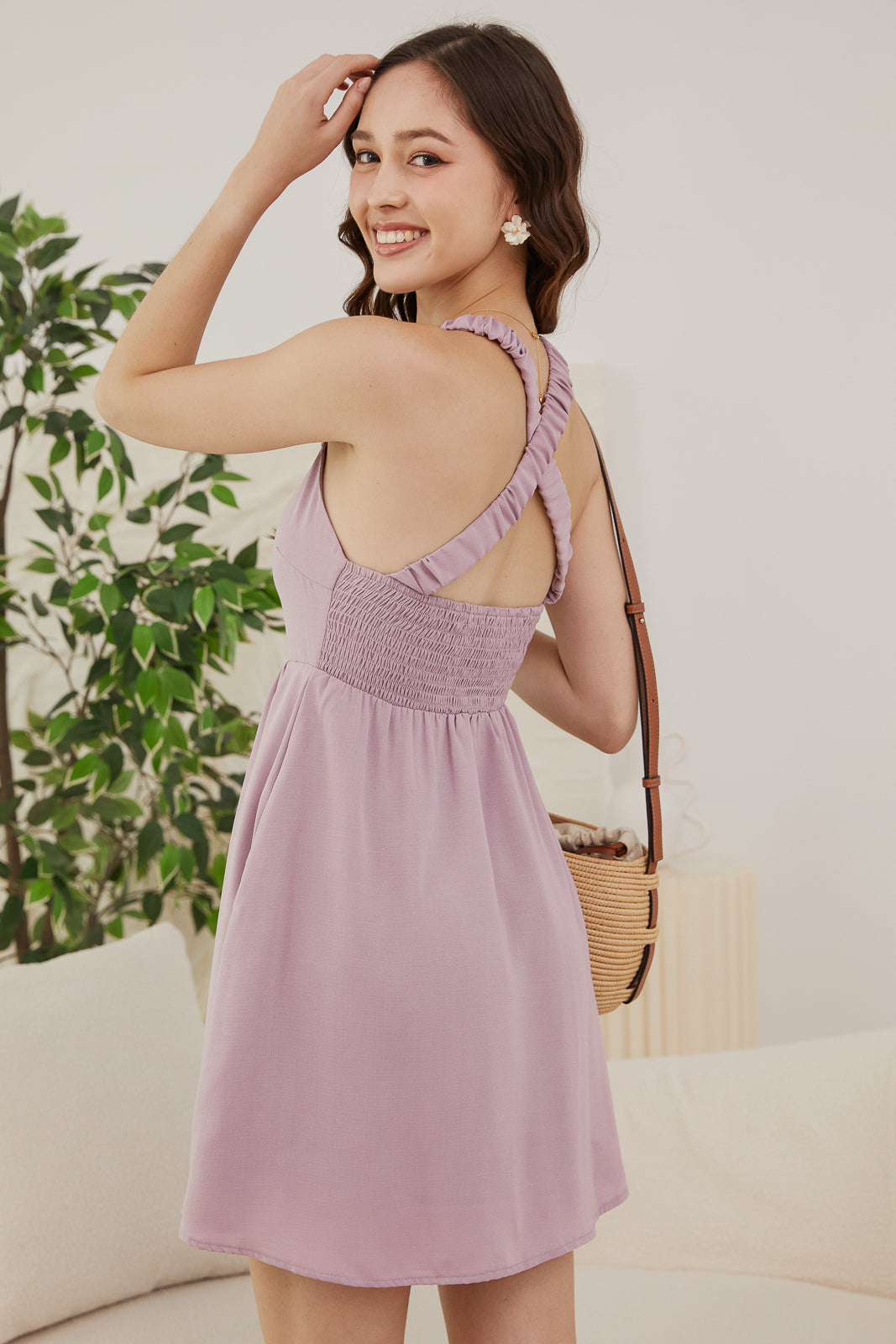 Padded Crossback Ruched Strap Mini Dress in Mauve