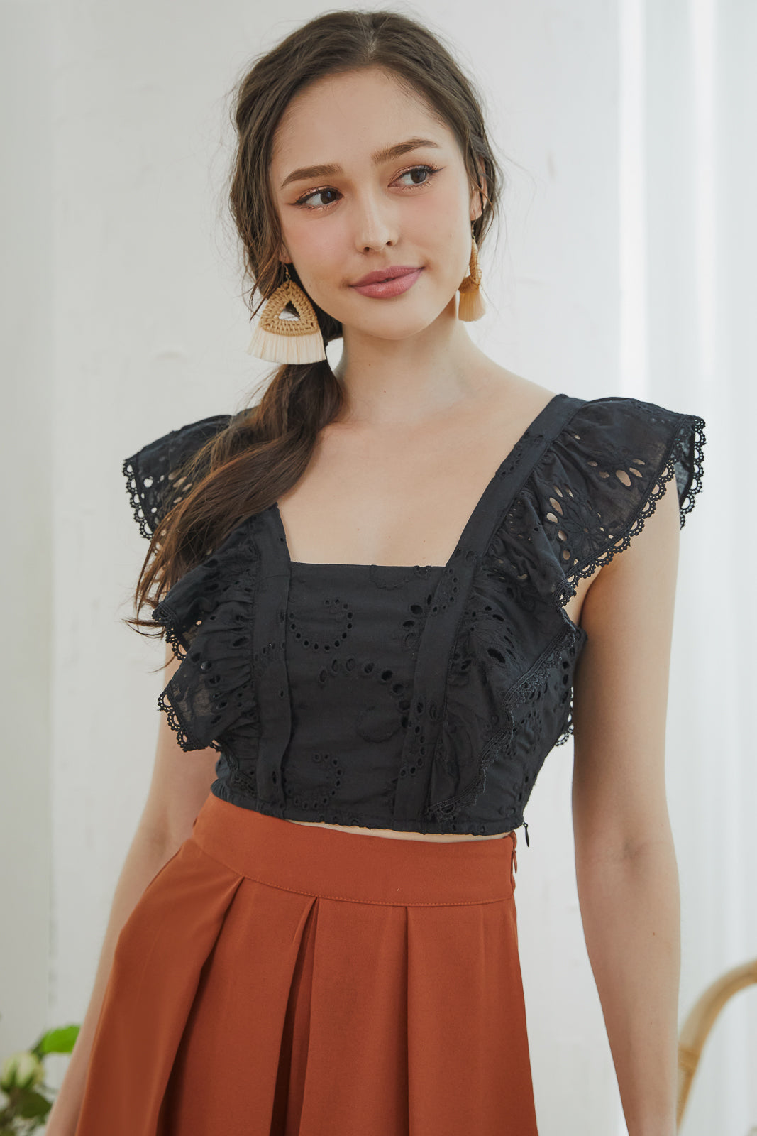 Eyelet Ruffle Top in Black