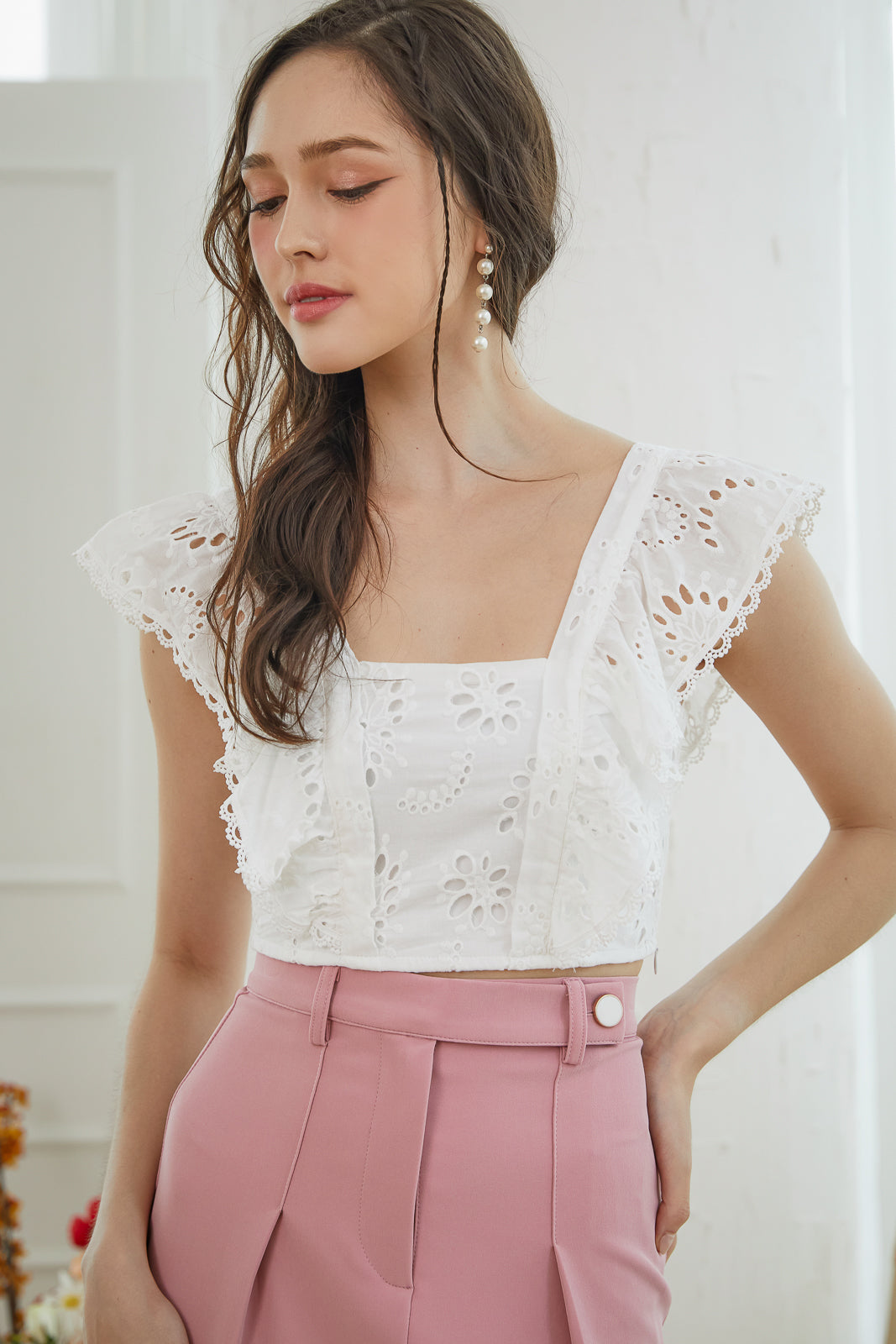 Eyelet Ruffle Top in White