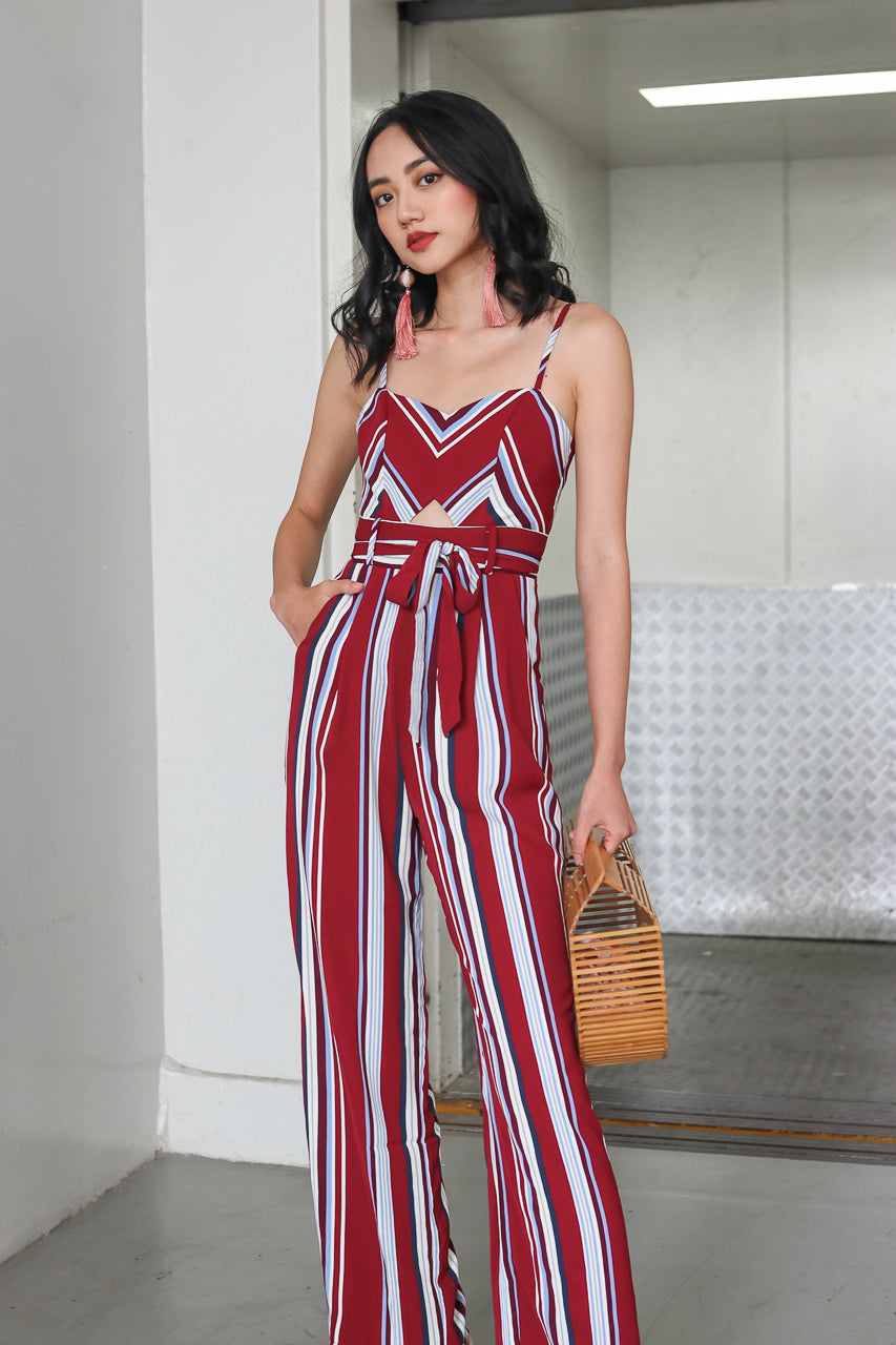 Meridith Striped Jumpsuit in Wine