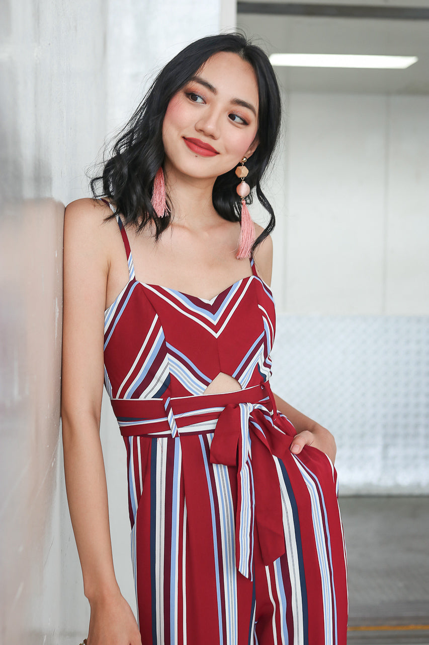 Meridith Striped Jumpsuit in Wine