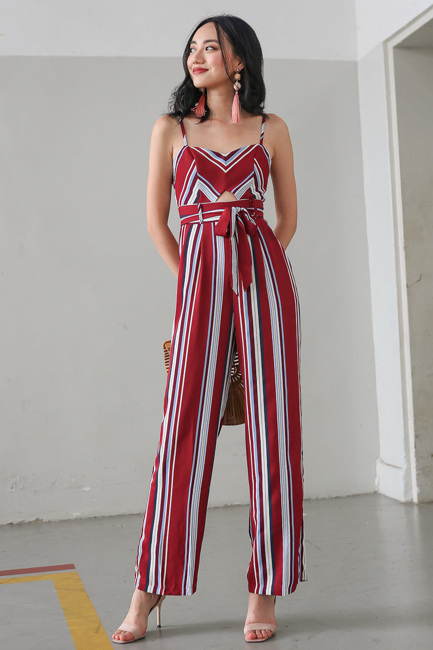 Meridith Striped Jumpsuit in Wine