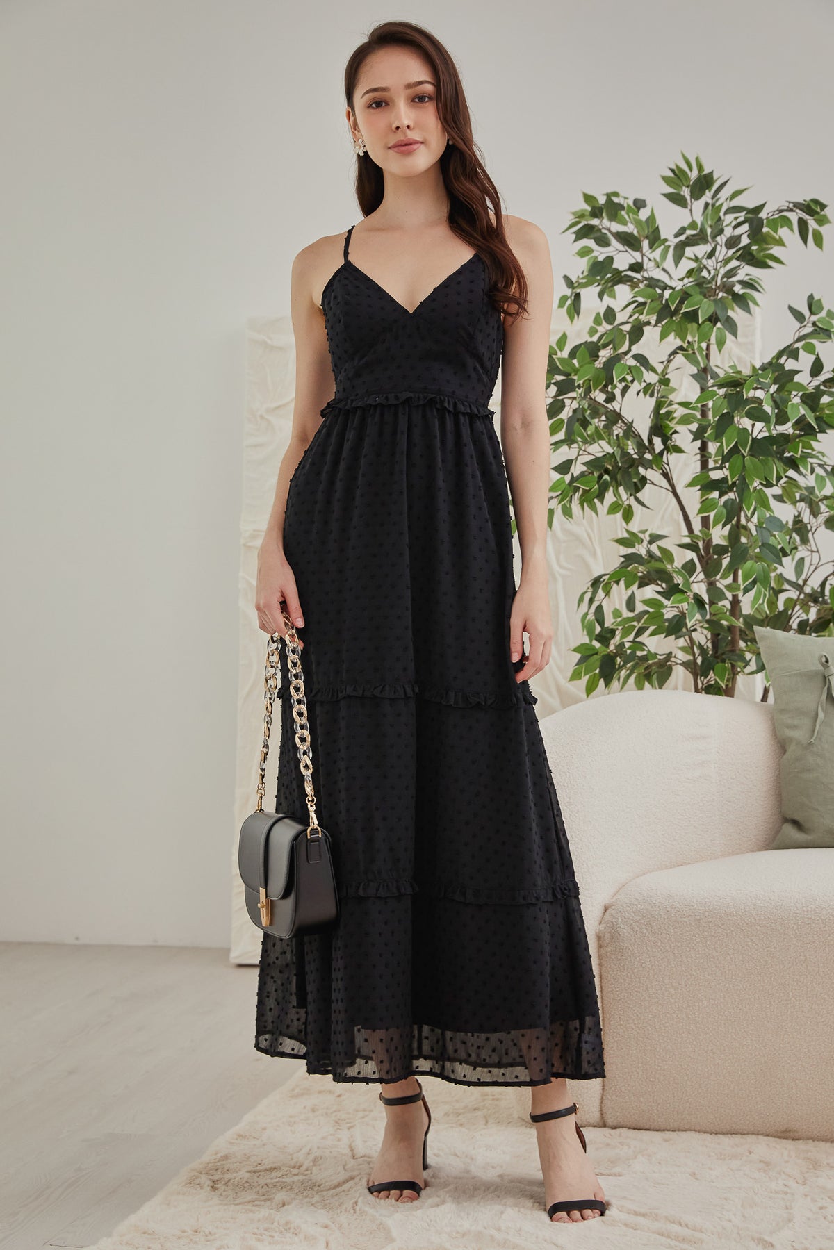 Swiss Dots Slit-Back Maxi in Black