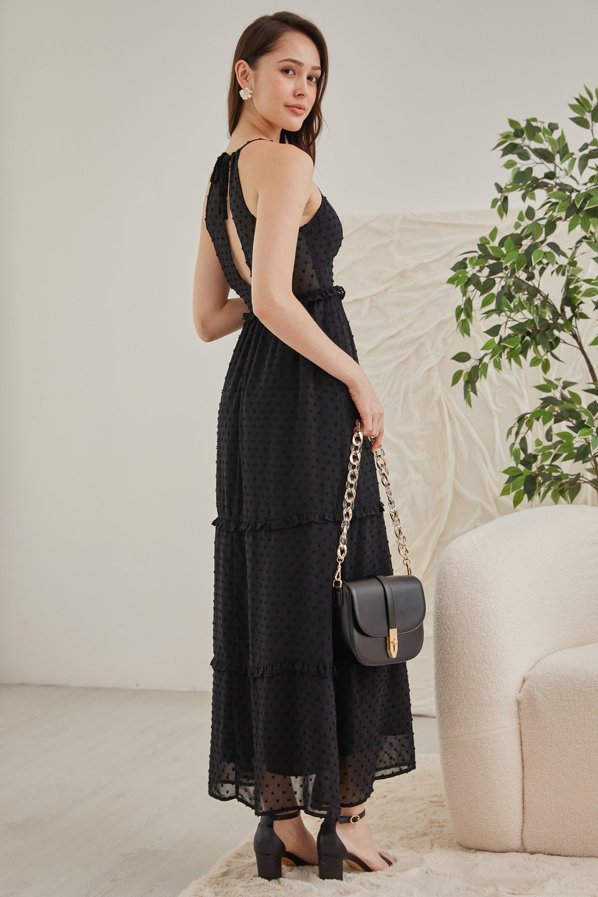 Swiss Dots Slit-Back Maxi in Black