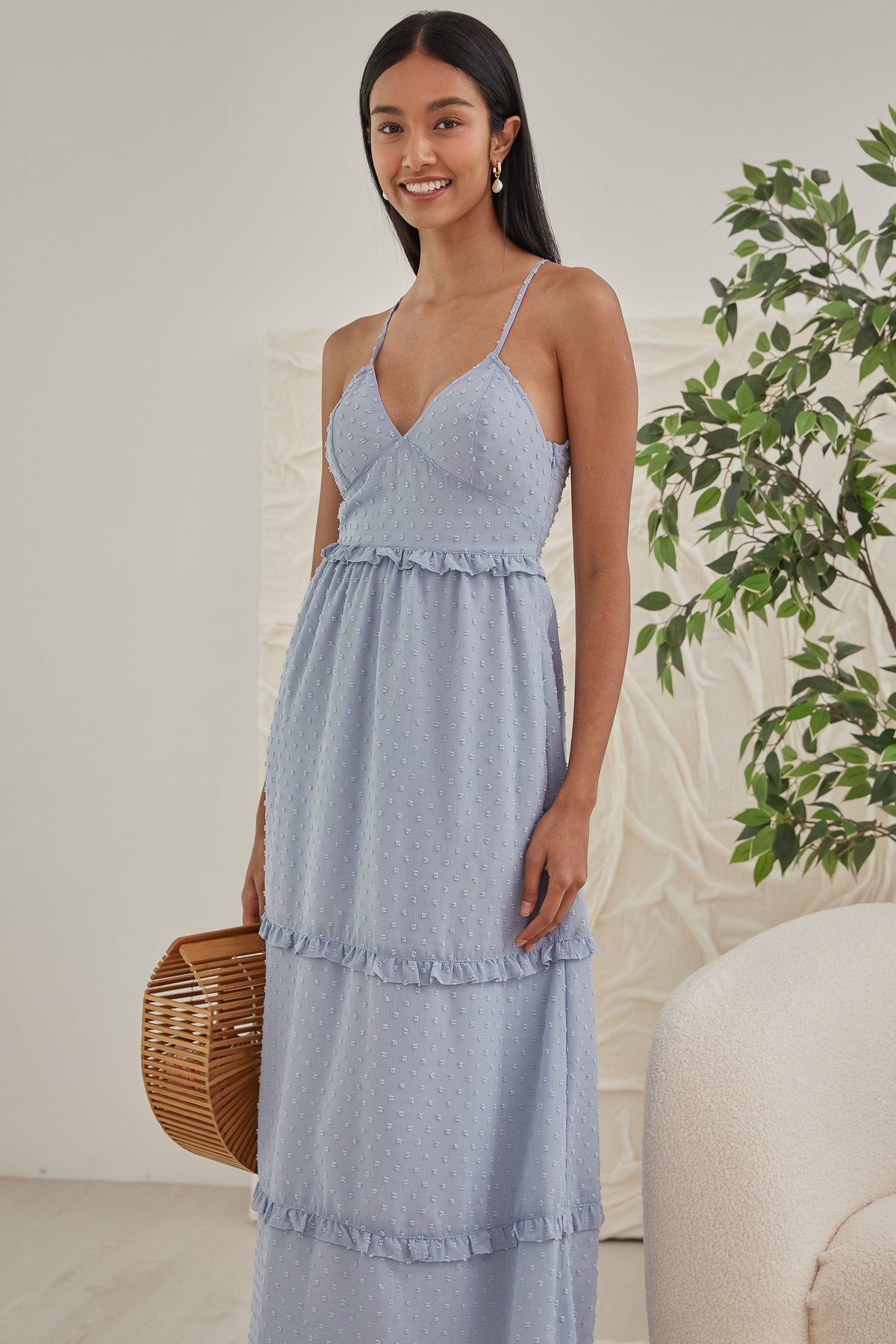 Swiss Dots Slit-Back Maxi in Dusty Blue