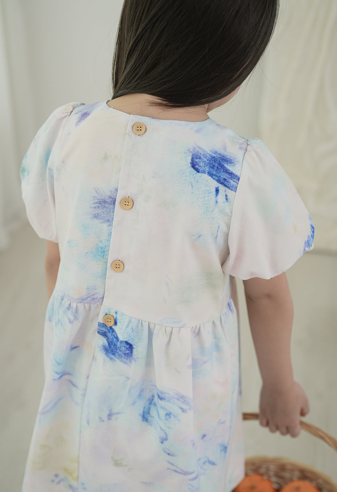 Little Watercolor Pouf Sleeves Dress in Blue (Kids)